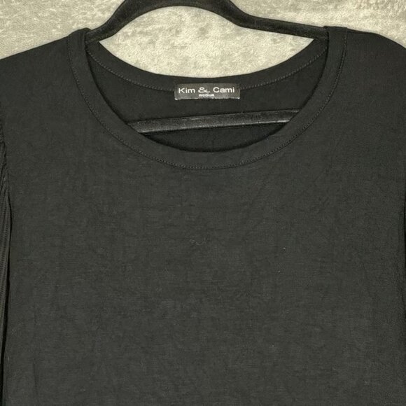 Kim & Cami M Medium Shirt Top Black Sheer Scoop Neck Puff Short Sleeve Stretch - Picture 2 of 6